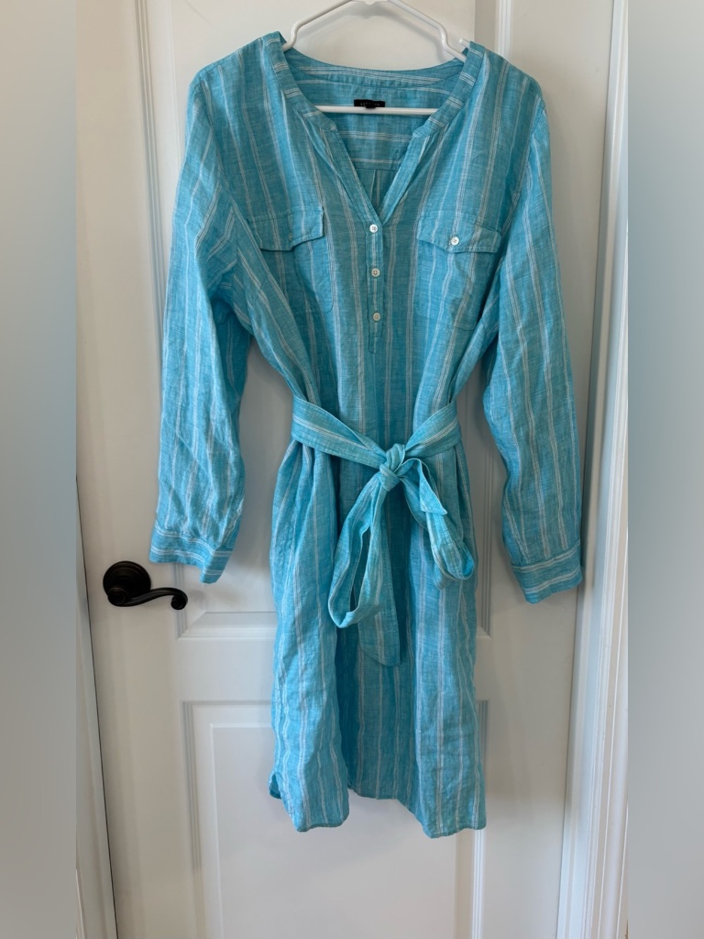Talbots Linen Shirt Dress XL Blue Striped Belted Summer Coastal